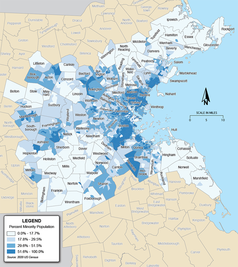 Figure 2 is a map that shows the percent of the of the population that identifies as a minority in Boston region communities.